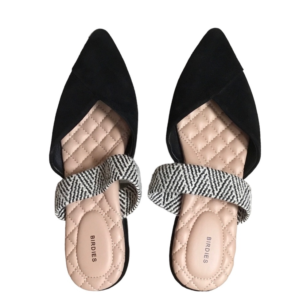NEW Birdies The Swan Black Cuff Suede Pointed Toe Slip On Mules